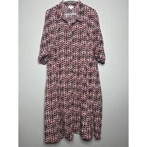 J. Jill Red Black Geometric Print Button Front Shirt Dress Flowy Career Size 24